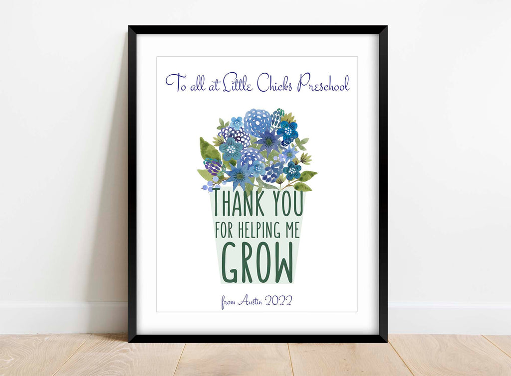 Teacher appreciation print with customised "Thank you for helping me grow" quote and flower illustration, Teacher gift idea