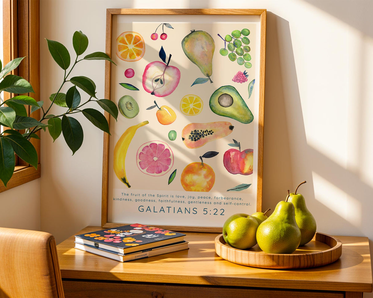 Christian Bible verse print featuring the Fruit Of The Spirit in a gentle watercolour fruit themed design.