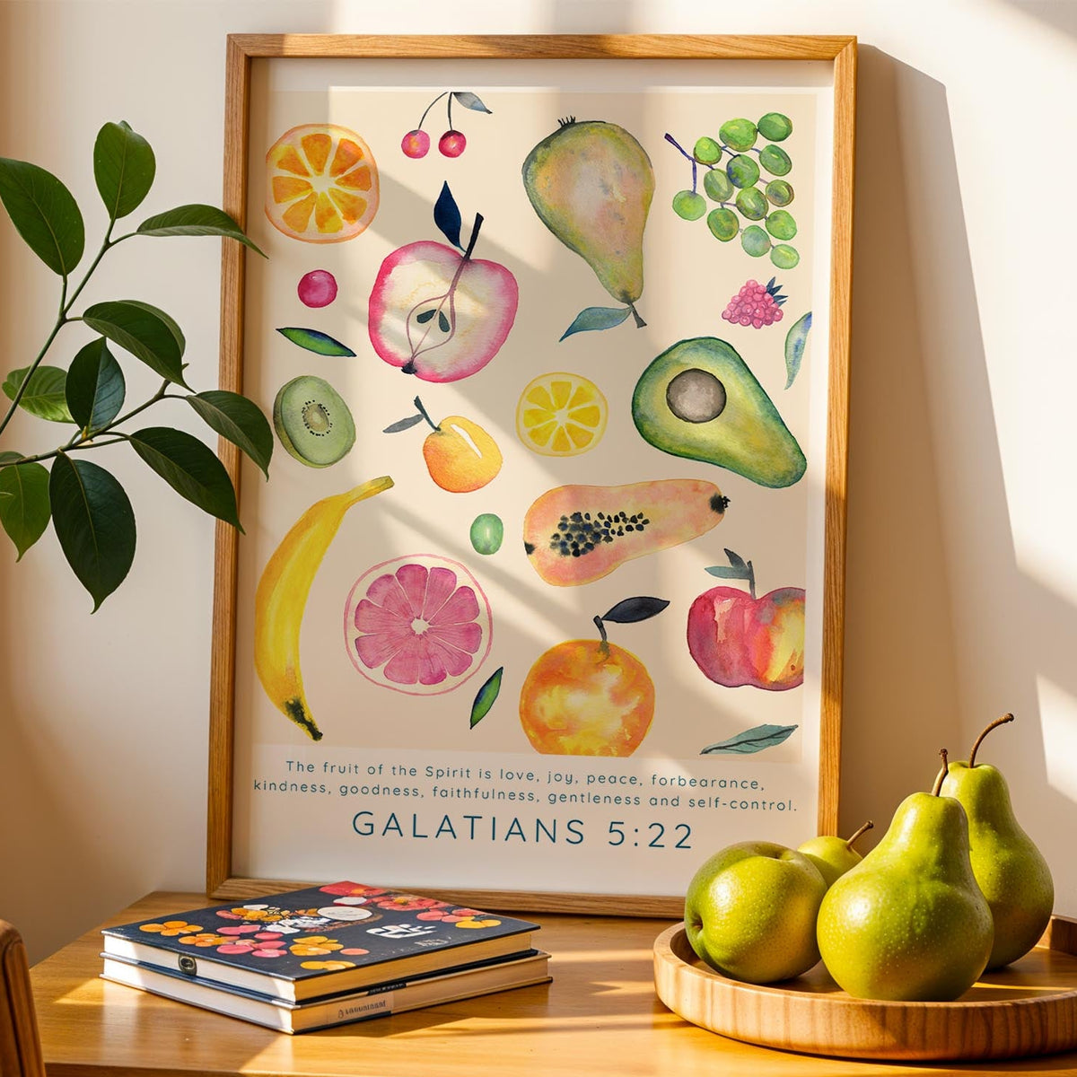 Christian Bible verse print featuring the Fruit Of The Spirit in a gentle watercolour fruit themed design.