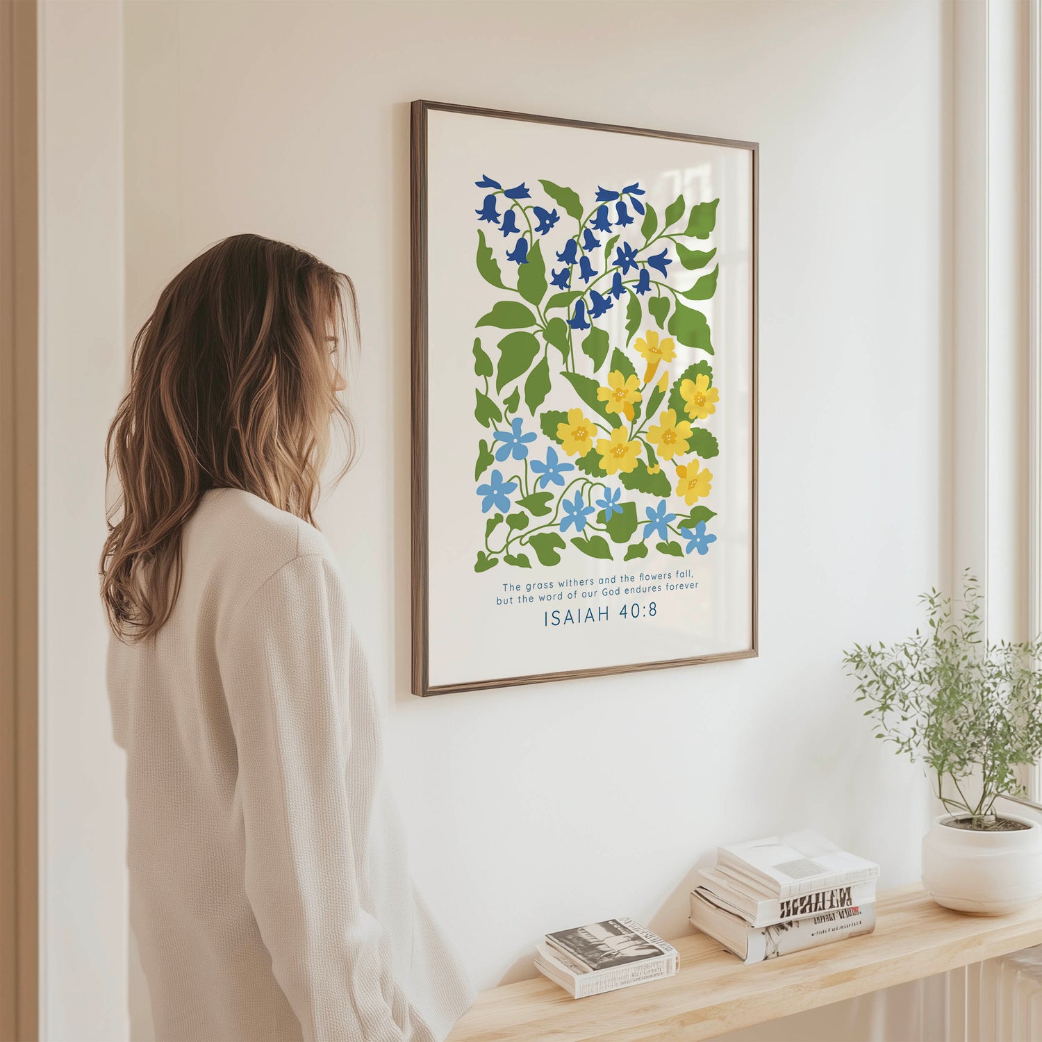 Bible verse art featuring “The grass withers and the flowers fall” quote with a peaceful botanical design.