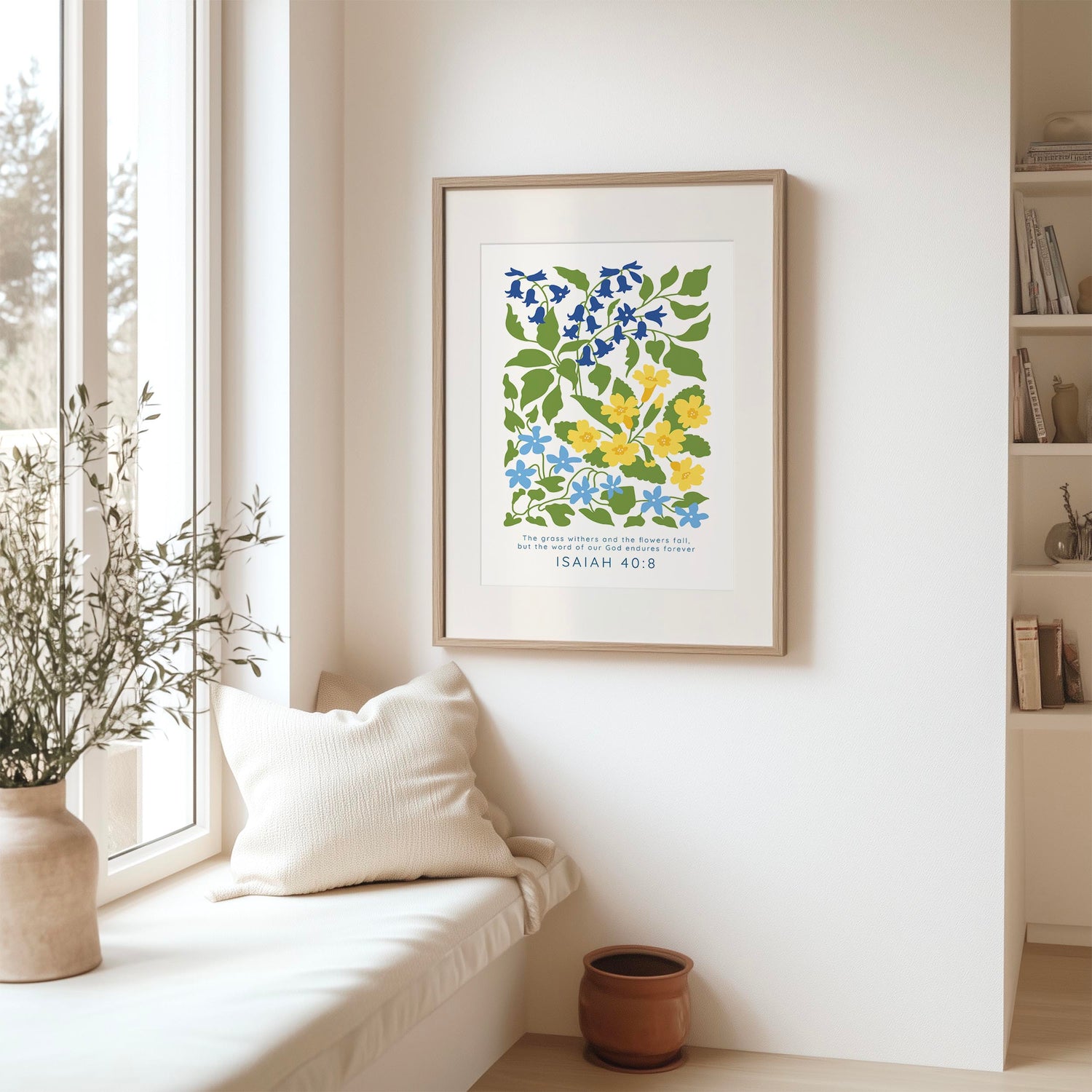 Christian print with Isaiah 40:8 scripture and delicate floral accents, symbolising God's enduring word.
