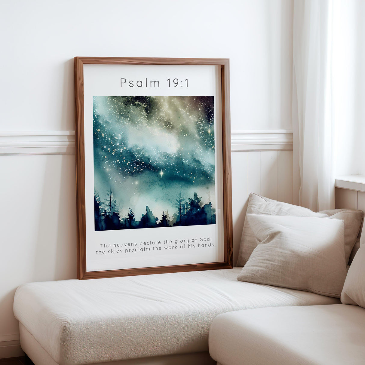 Elegant wall art of the night sky paired with Scripture about the majesty of the heavens. Psalm 19:1 verse art with stars and a poetic visual tribute to divine creation.