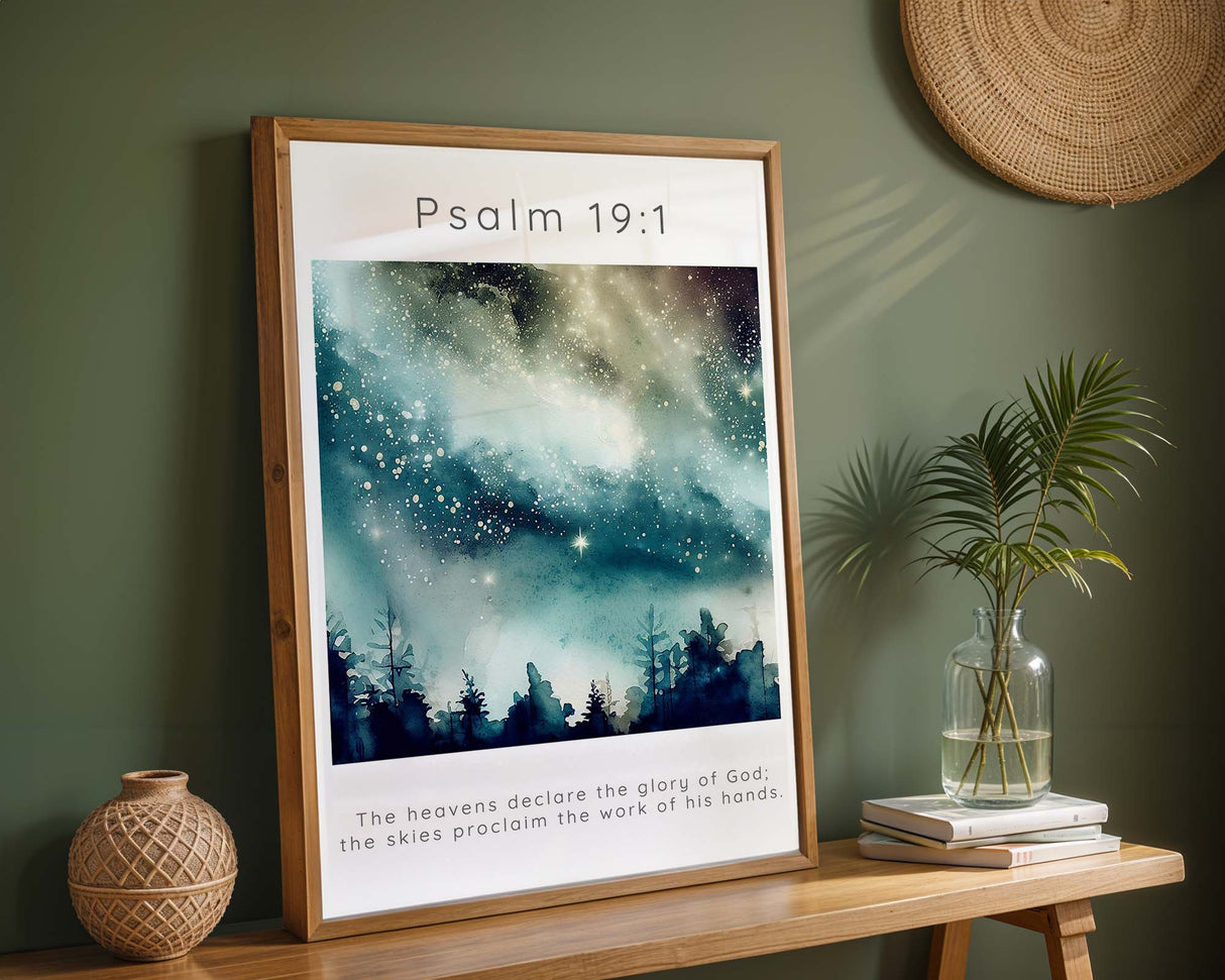 Night sky Bible verse print with stars and the Scripture from Psalm 19:1. Celestial-themed Christian wall art featuring a watercolour starry sky and Psalm 19:1.
