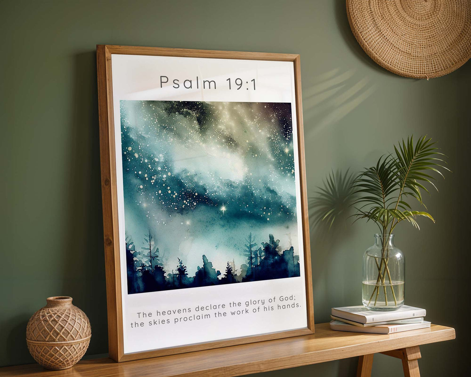 Night sky Bible verse print with stars and the Scripture from Psalm 19:1. Celestial-themed Christian wall art featuring a watercolour starry sky and Psalm 19:1.