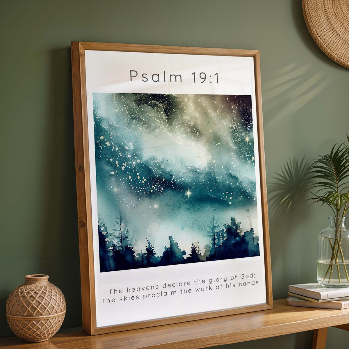 Night sky Bible verse print with stars and the Scripture from Psalm 19:1. Celestial-themed Christian wall art featuring a watercolour starry sky and Psalm 19:1.