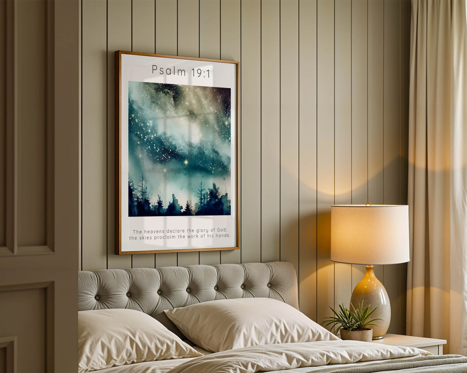 Inspiring Scripture print with twinkling stars and the verse “The heavens declare the glory of God.” Watercolour night sky artwork with a quote from Psalm 19:1 and cosmic details.