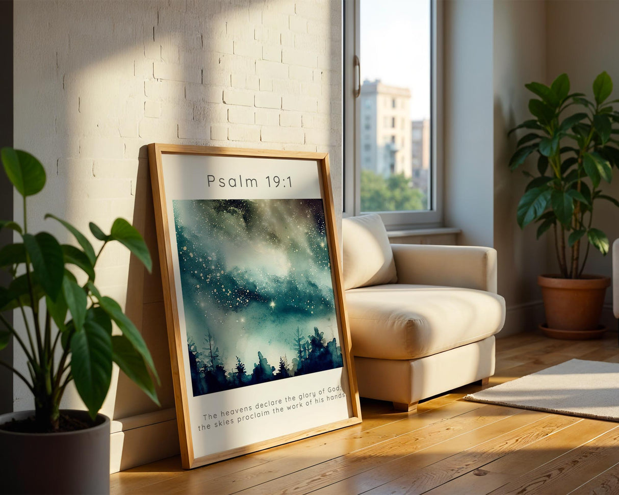 Faith-based wall decor showing a starlit sky and a message about God’s glory in creation. Christian print with deep blues and star-filled heavens proclaiming the work of God’s hands.