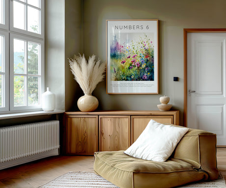 Watercolor meadow floral Bible verse print featuring the Scripture “The Lord bless you and keep you” from Numbers 6:24-26.