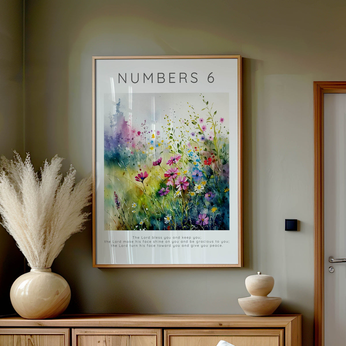 Watercolor meadow floral Bible verse print featuring the Scripture “The Lord bless you and keep you” from Numbers 6:24-26.