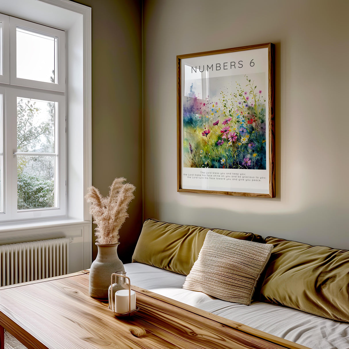 Christian wall art print with hand-painted wildflowers and the verse “The Lord bless you and keep you” in elegant script.