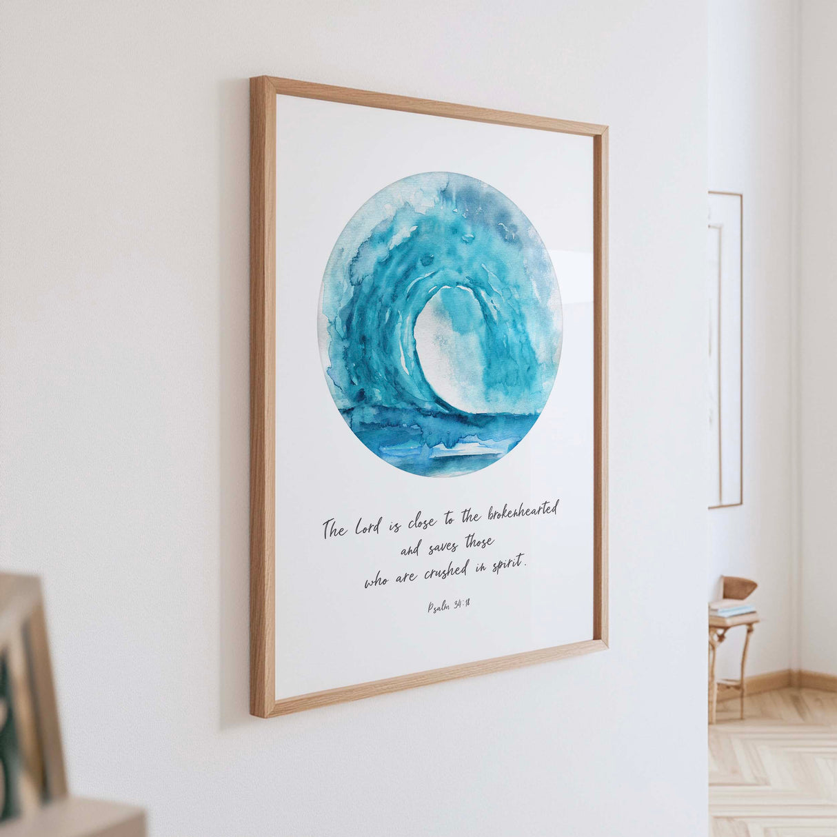 Watercolour circle wave Bible verse print reminding viewers of God's comfort and presence during hard times.