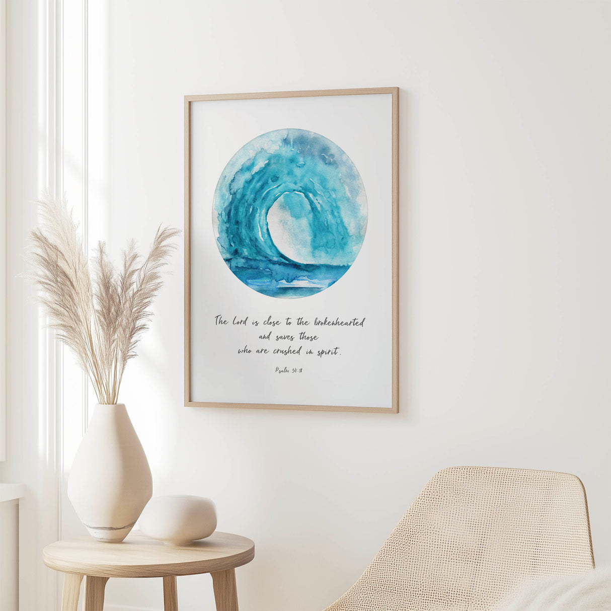 Christian wall art with turquoise wave design and Psalm 34:18 scripture in elegant typography.