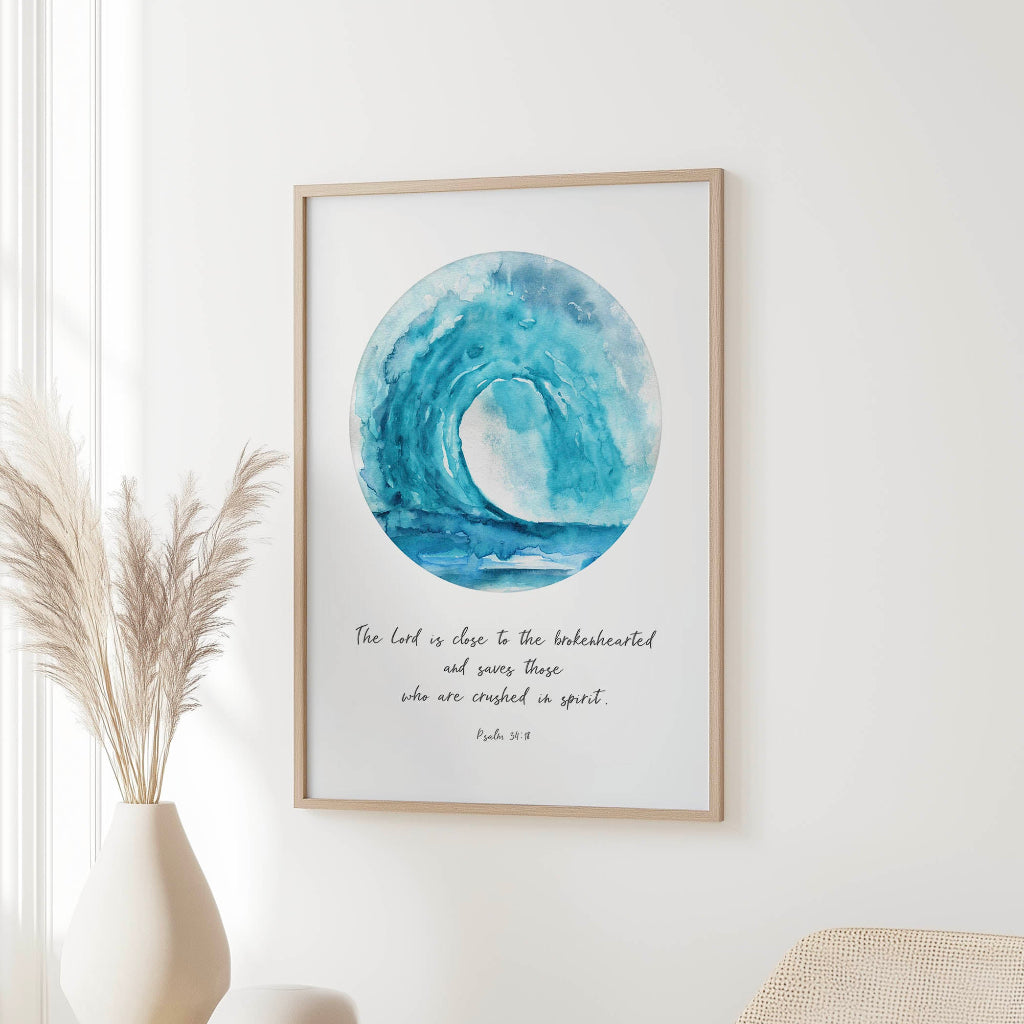 Christian wall art with turquoise wave design and Psalm 34:18 scripture in elegant typography.