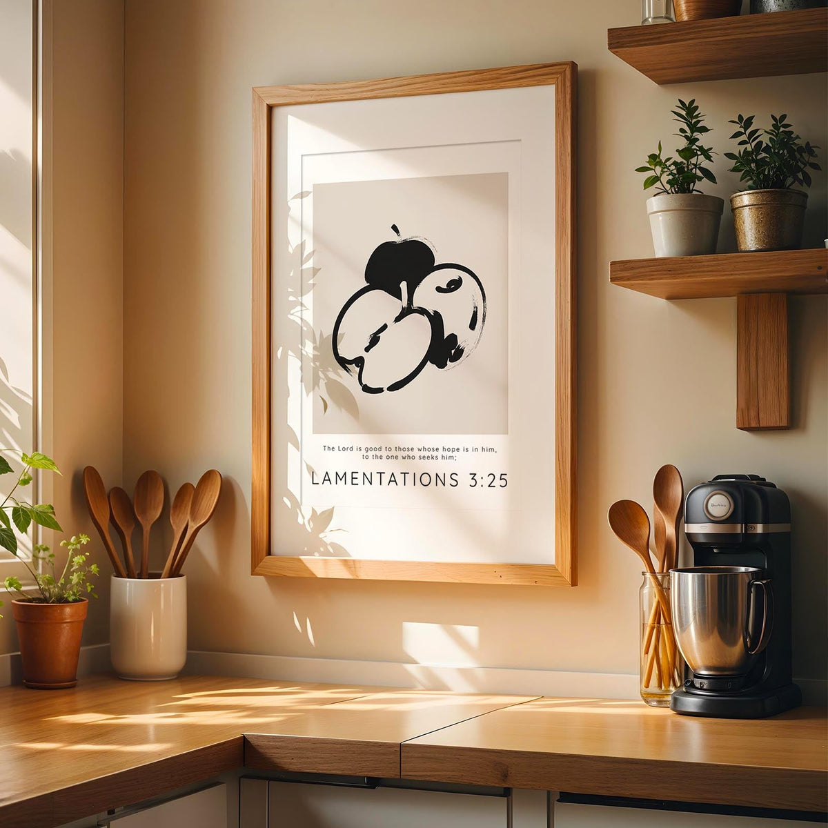 The Lord Is Good minimalist scripture wall art in beige with black apple design and inspirational Bible verse. Elegant beige Bible verse print with black apples and Lamentations 3:25 quote for spiritual reflection.