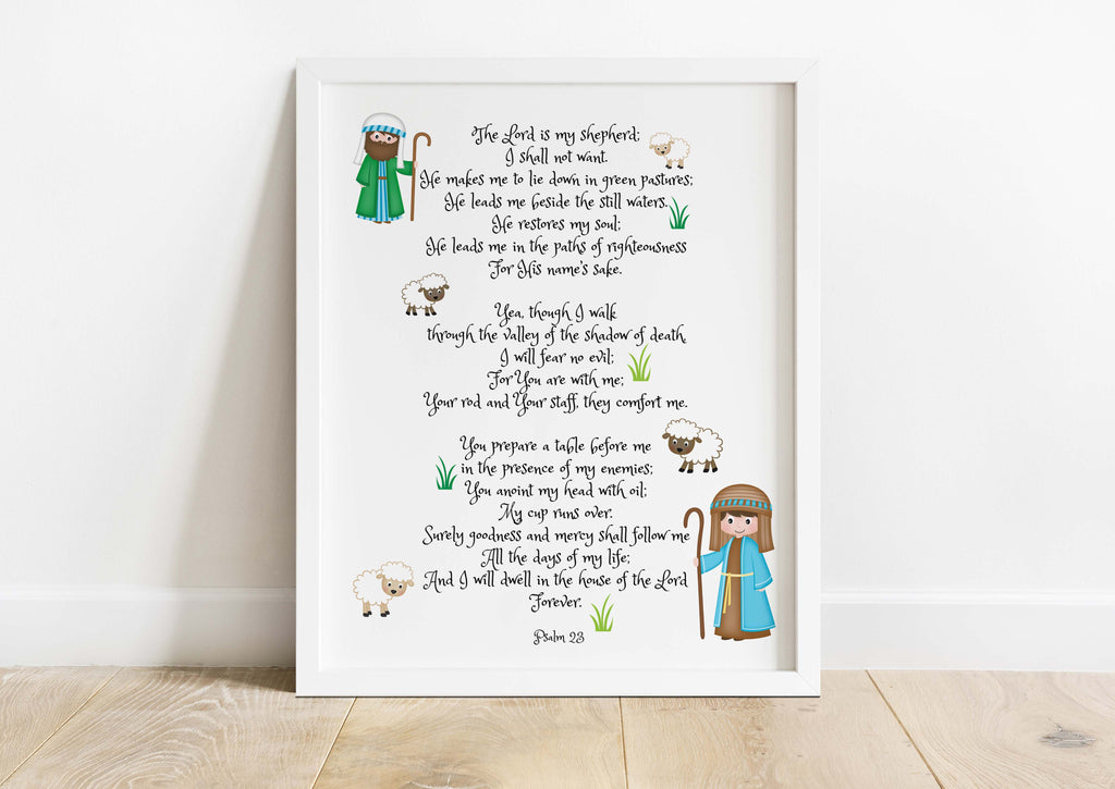 Psalm 23 kids print with shepherds and sheep, Bible verse nursery art Psalm 23 for children, The Lord is My Shepherd kids print