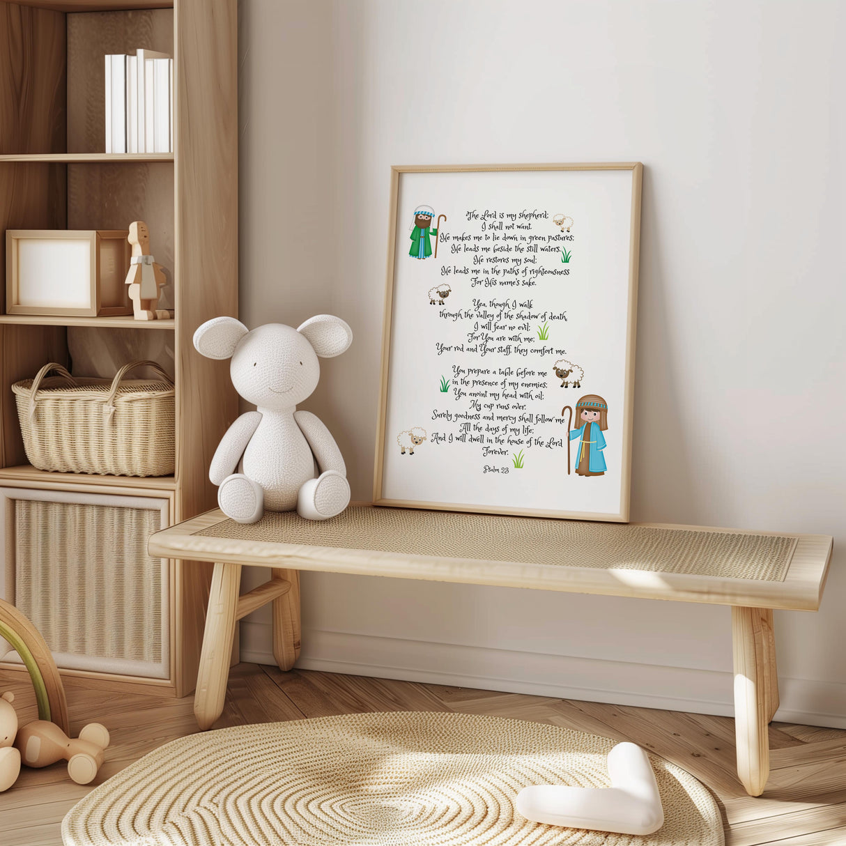 Kids Bible verse print with Psalm 23 and a gentle shepherd scene perfect for nursery or playroom decoration.