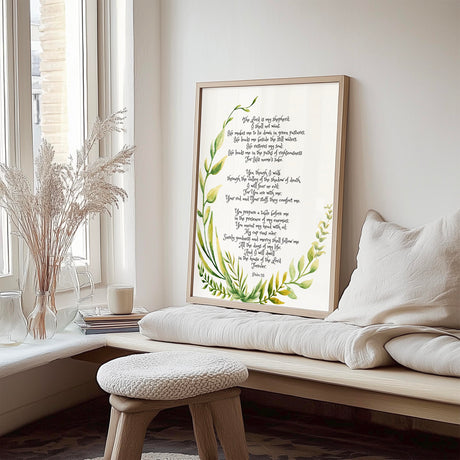 Botanical faith-inspired Christian decor print featuring Psalm 23 for home or office.
