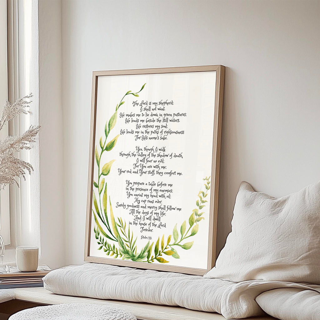 Botanical faith-inspired Christian decor print featuring Psalm 23 for home or office.