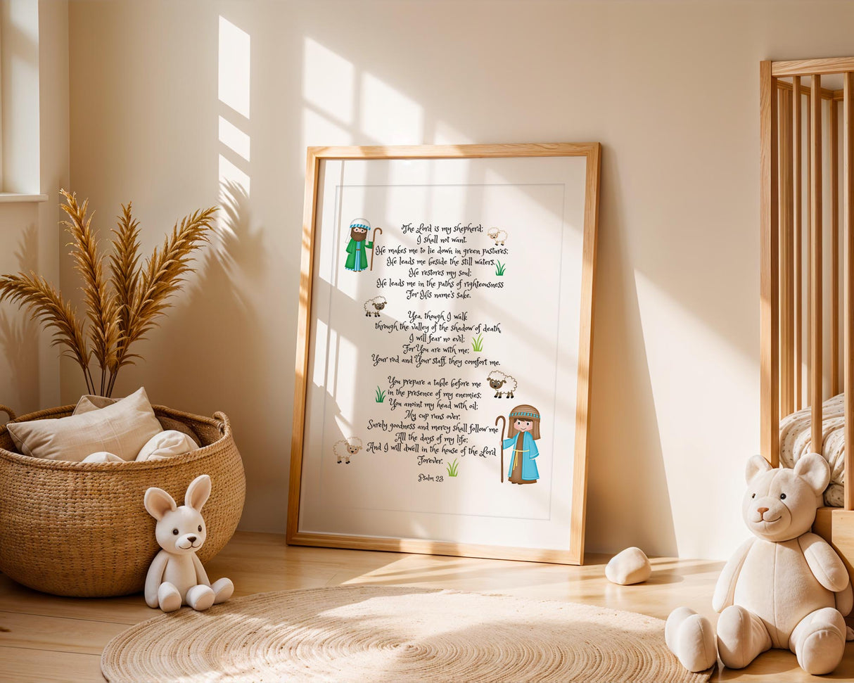 Comforting Psalm 23 Christian kids print featuring shepherd imagery and scripture to nurture little hearts.