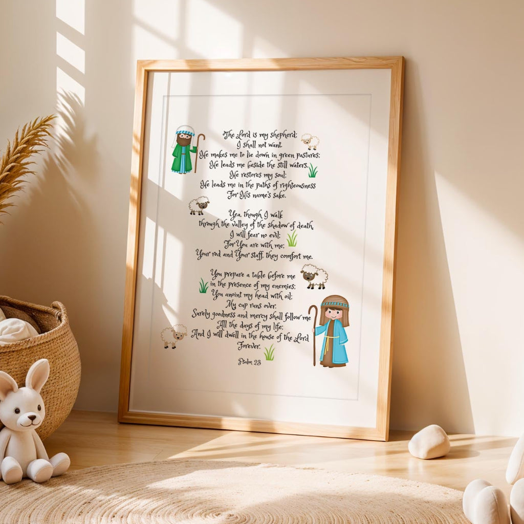 Comforting Psalm 23 Christian kids print featuring shepherd imagery and scripture to nurture little hearts.