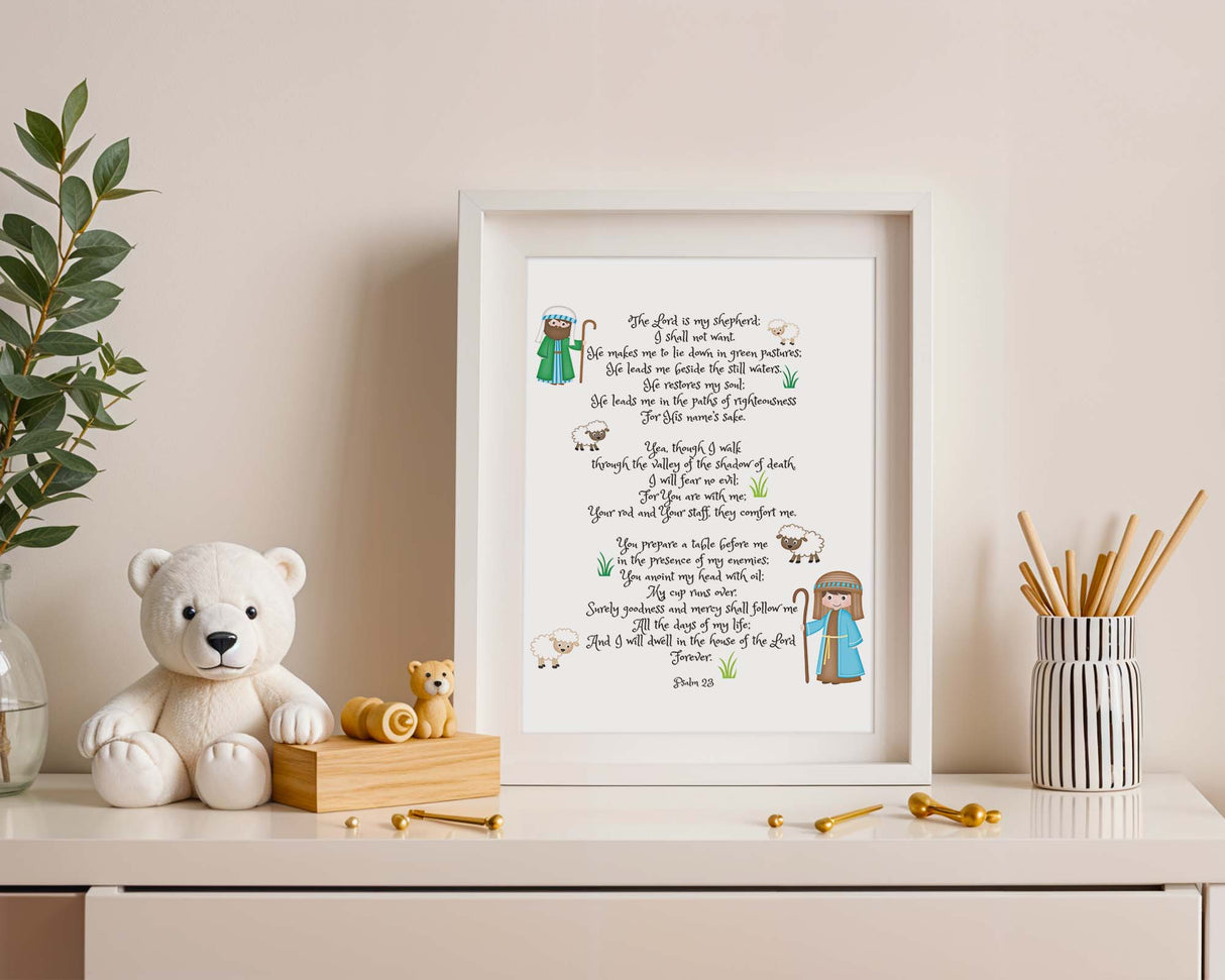 Psalm 23 nursery wall art with shepherds and sheep illustrating the Lord’s care for children in soft colours.