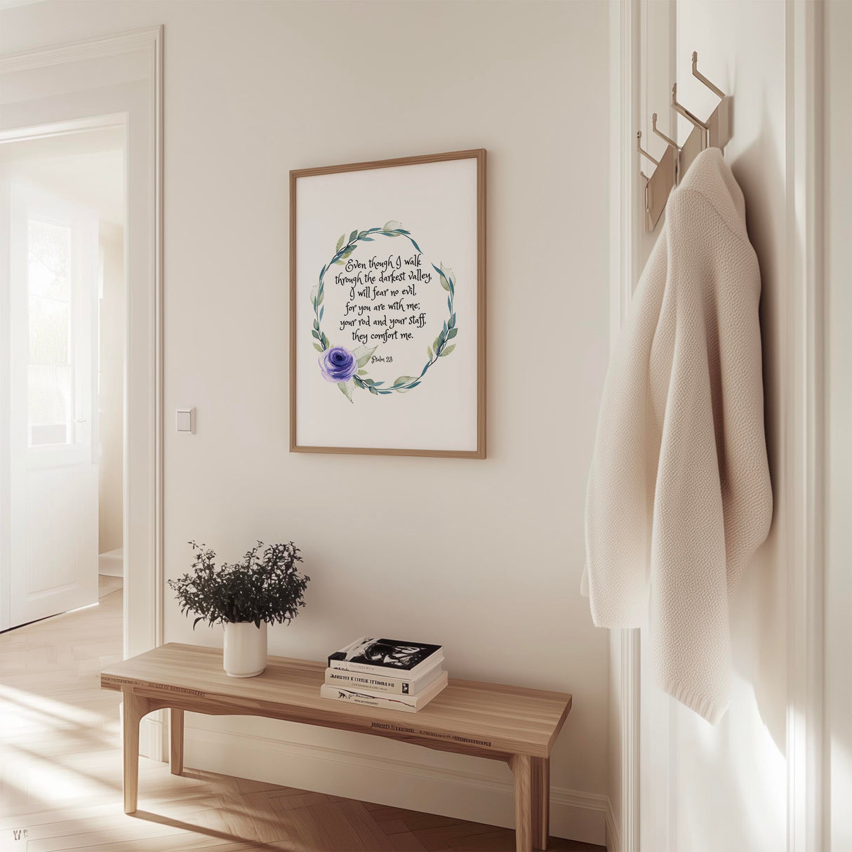 Minimalist floral wreath Bible verse print with Psalm 23 4 about fearlessly walking through dark valleys.