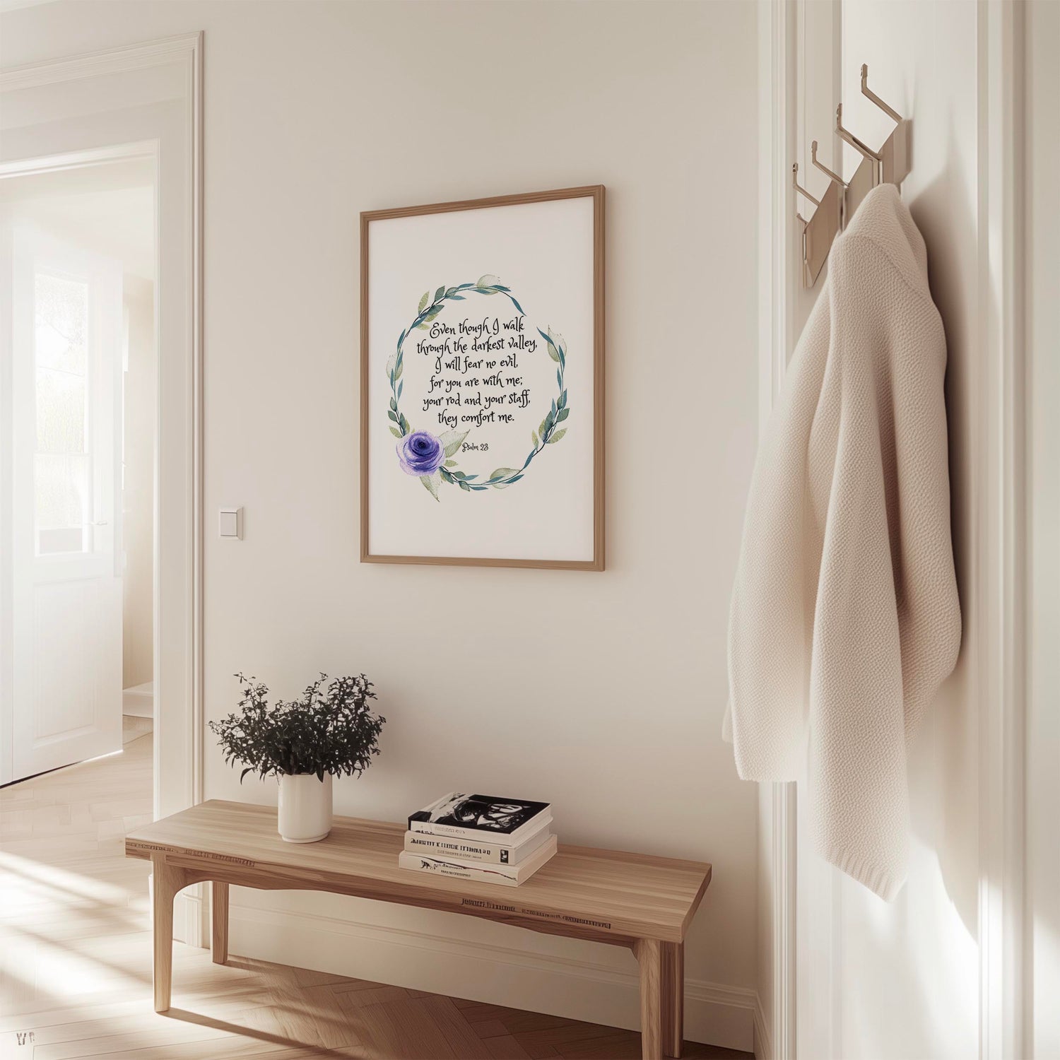 Minimalist floral wreath Bible verse print with Psalm 23 4 about fearlessly walking through dark valleys.
