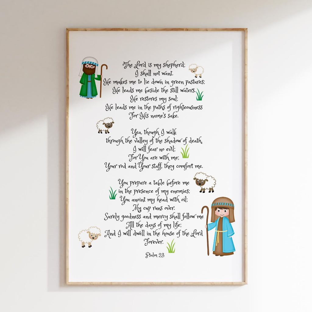 Whimsical children’s Bible verse wall print showing “The Lord is my shepherd” with bright playful details.