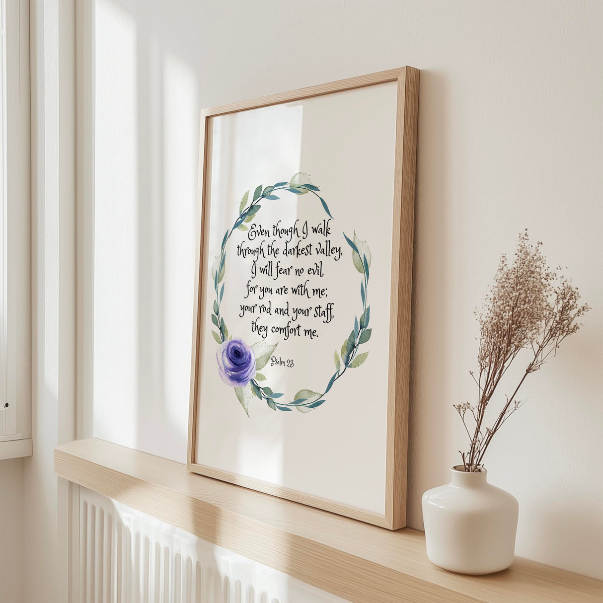 Minimalist scripture decor featuring Psalm 23 4 for peaceful and faithful Christian home design.