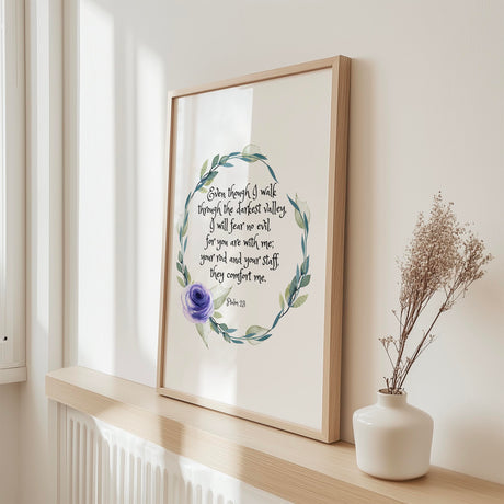 Minimalist scripture decor featuring Psalm 23 4 for peaceful and faithful Christian home design.