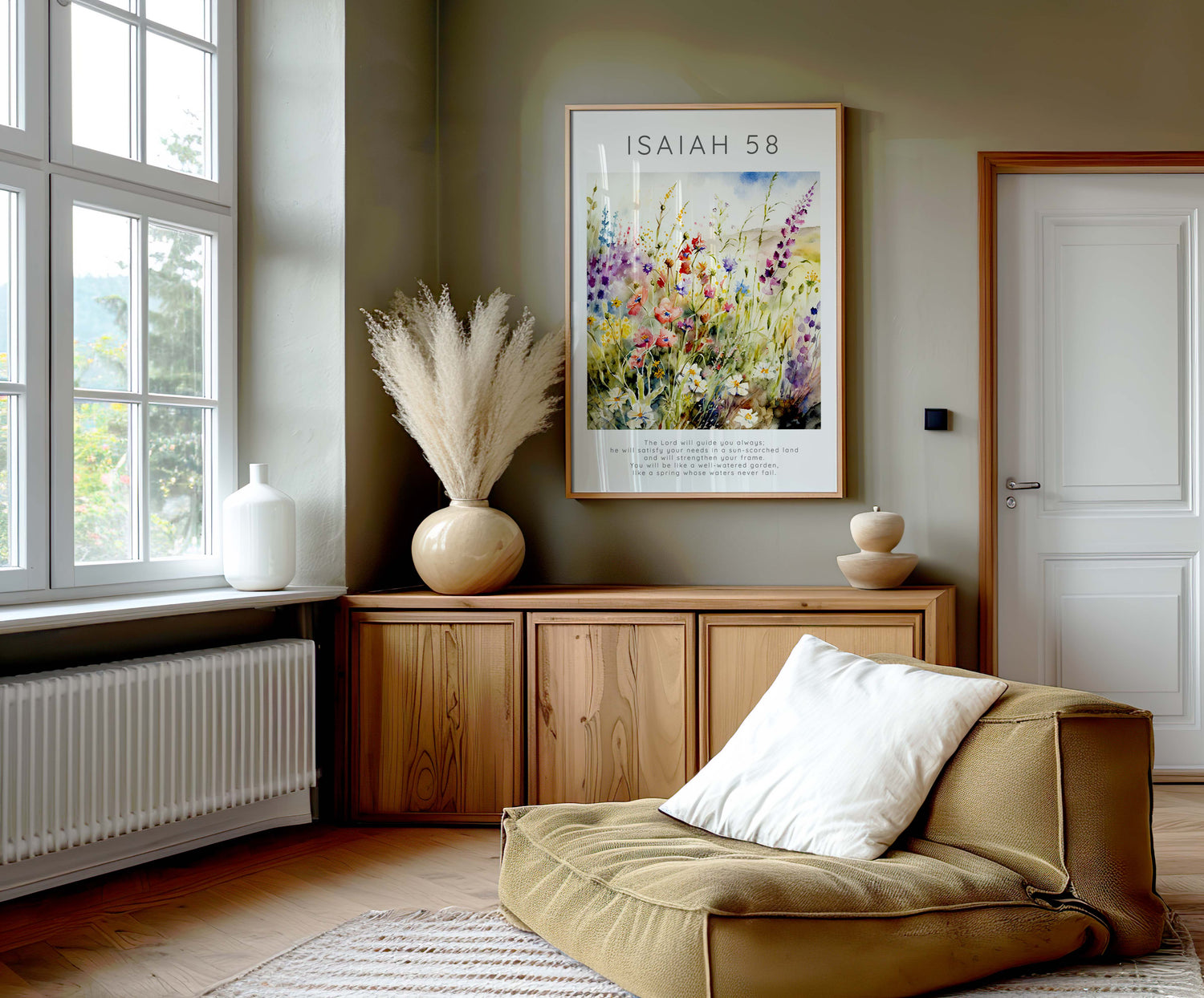 Inspirational faith-based print combining a blooming meadow scene with the comforting words of Isaiah 58:11 for home decor.