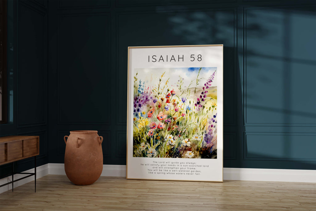Vibrant floral Bible verse print decor, Nature-inspired Christian home decoration, Blossoming garden scripture wall hanging