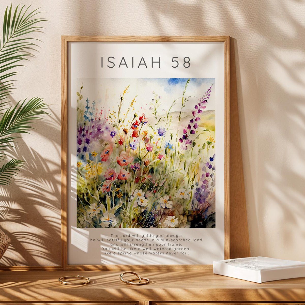 Christian wall art print with Isaiah 58:11, featuring a serene flower meadow and the verse “The Lord will guide you always” at the bottom.