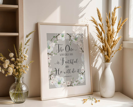 Elegant Bible verse print reminding viewers of God's faithfulness and promise to complete His work in us.