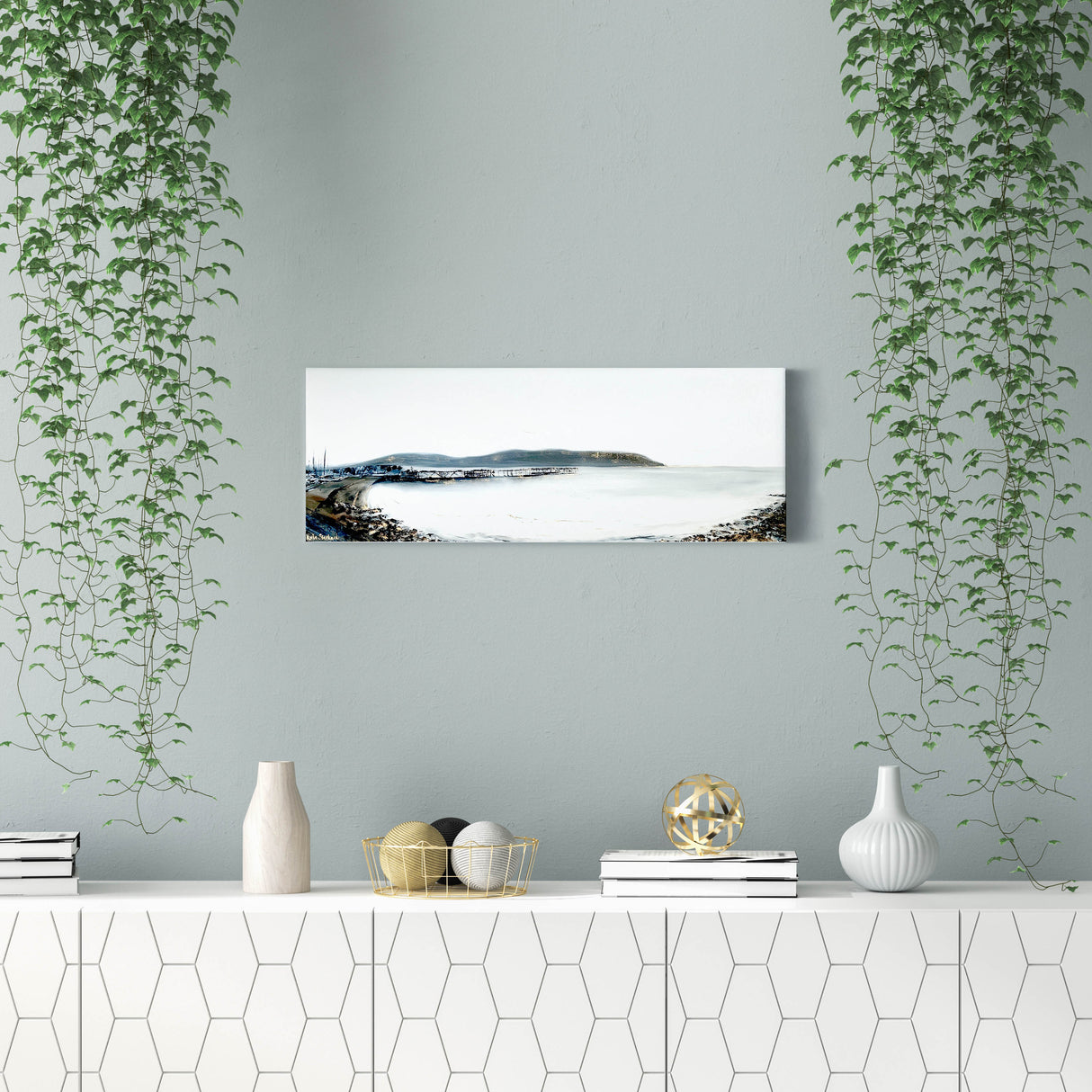 Original oil artwork showing Swanage Pier and Dorset coastline with shimmering gold details.