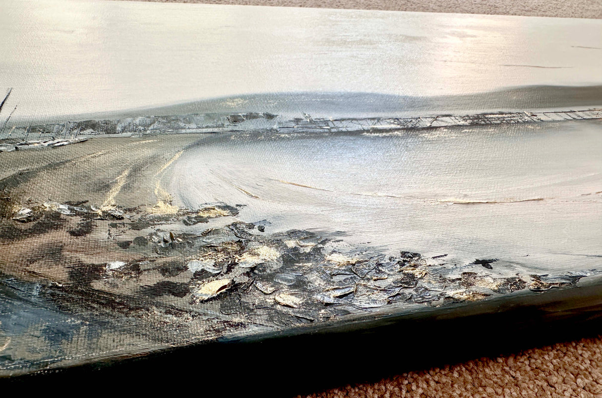 Beautiful oil painting of Swanage Pier with soft colours and shimmering golden accents.