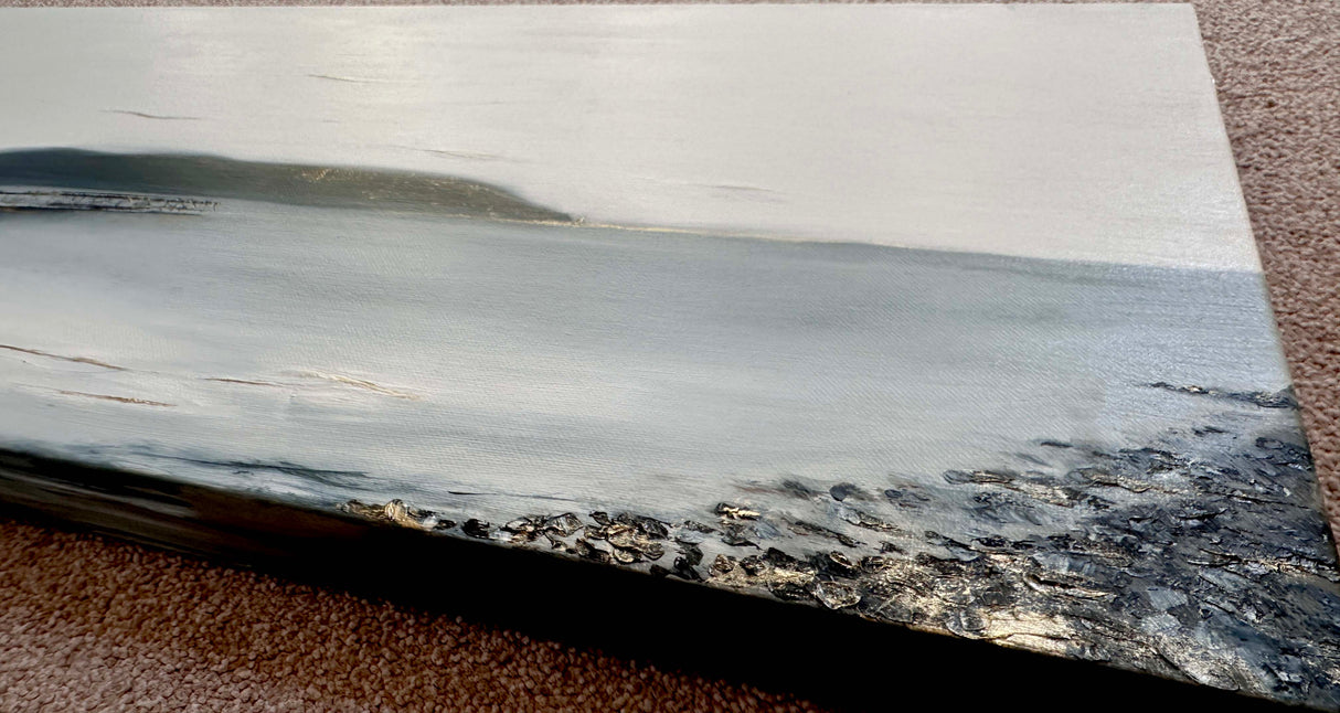 Elegant coastal oil painting of Swanage Pier with Purbeck Hills and distant Old Harry Rocks.