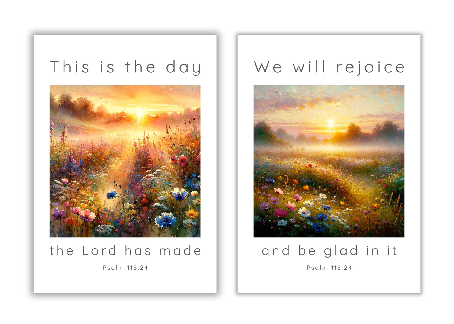Bible verse wall art set with Psalm 118:24 quotes in a sunrise meadow scene.