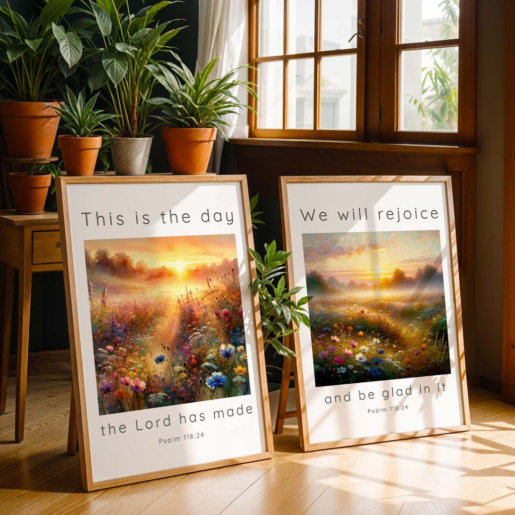 Beautiful Bible verse wall art set with a warm yellow and orange sunrise over a meadow, featuring Psalm 118:24: "This is the day the Lord has made."