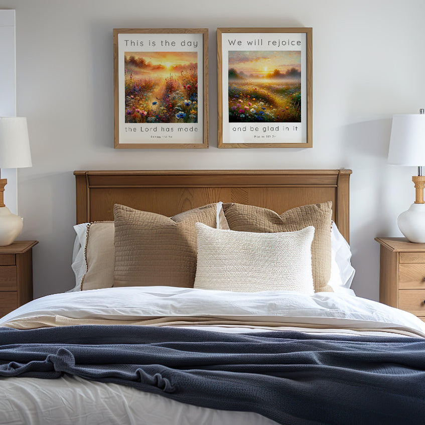 Serene Bible verse wall art set with peaceful meadow imagery and the encouraging words from Psalm 118:24, "We will rejoice and be glad in it."
