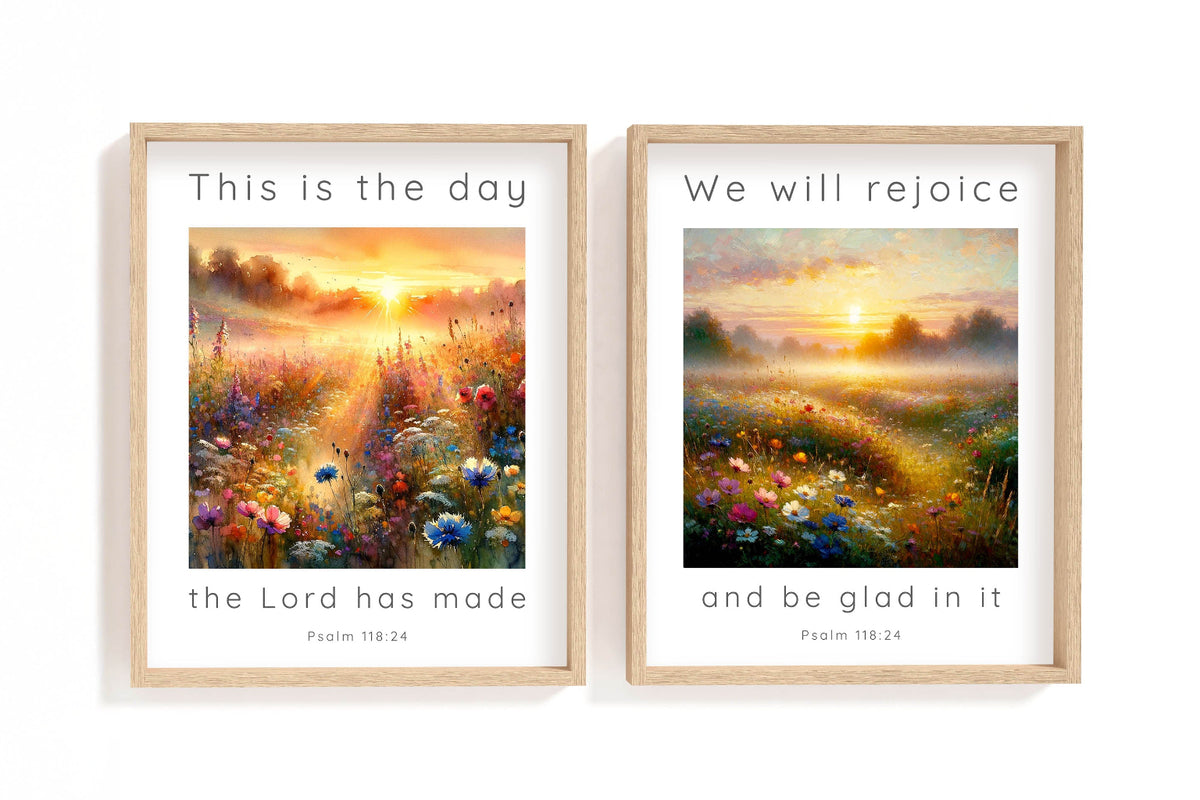 Inspiring Christian decor set featuring joyful Psalm 118:24 scripture on peaceful meadow backgrounds.