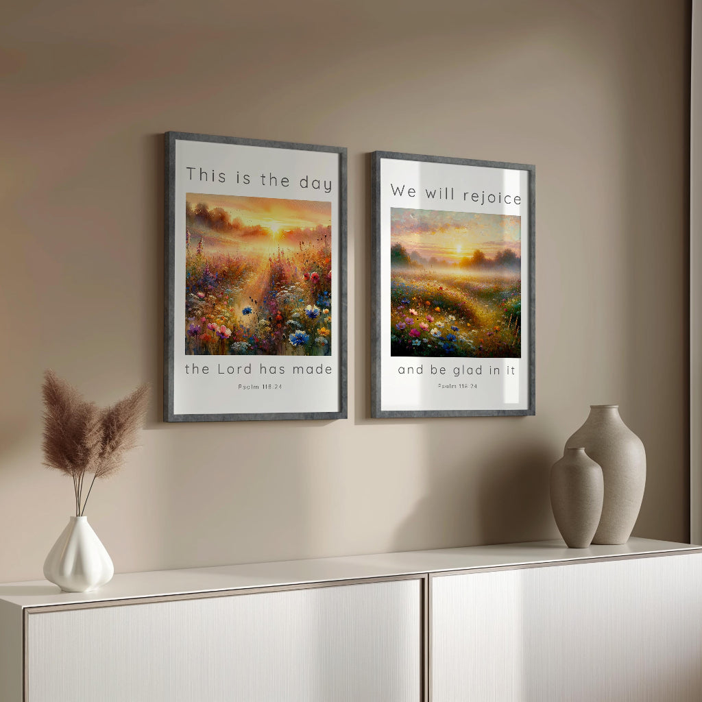 Faith-filled Bible verse prints showing sunrise meadows with “This is the day the Lord has made.”