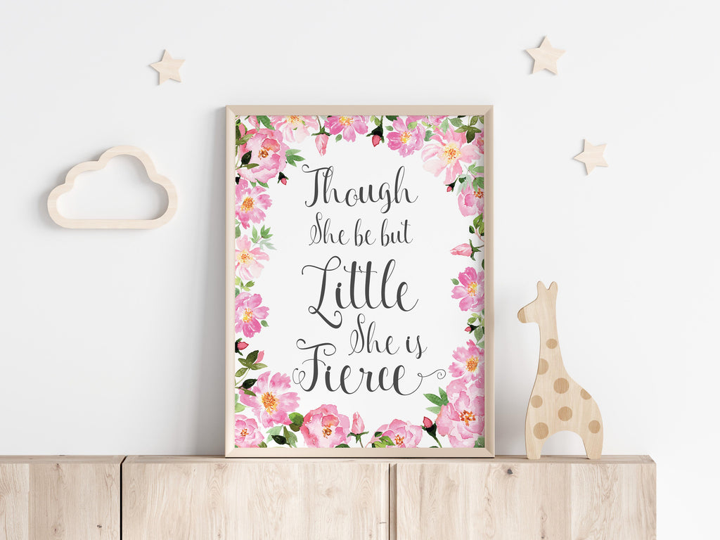 Though She Be But Little Print, Pink and White Floral Nursery Art, Though She Be But Little Print for a baby girl's nursery