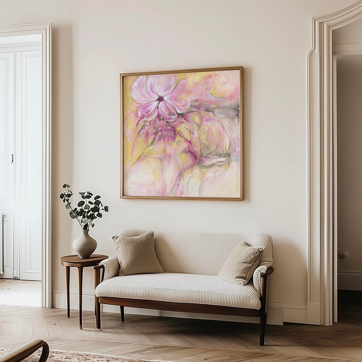 'Through It All' - warm floral-style abstract in soft pink and peach.