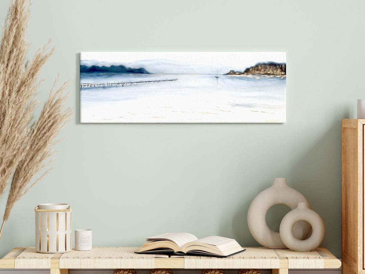 Oil painting of a coastal view towards Brownsea Island with shimmering gold highlights.