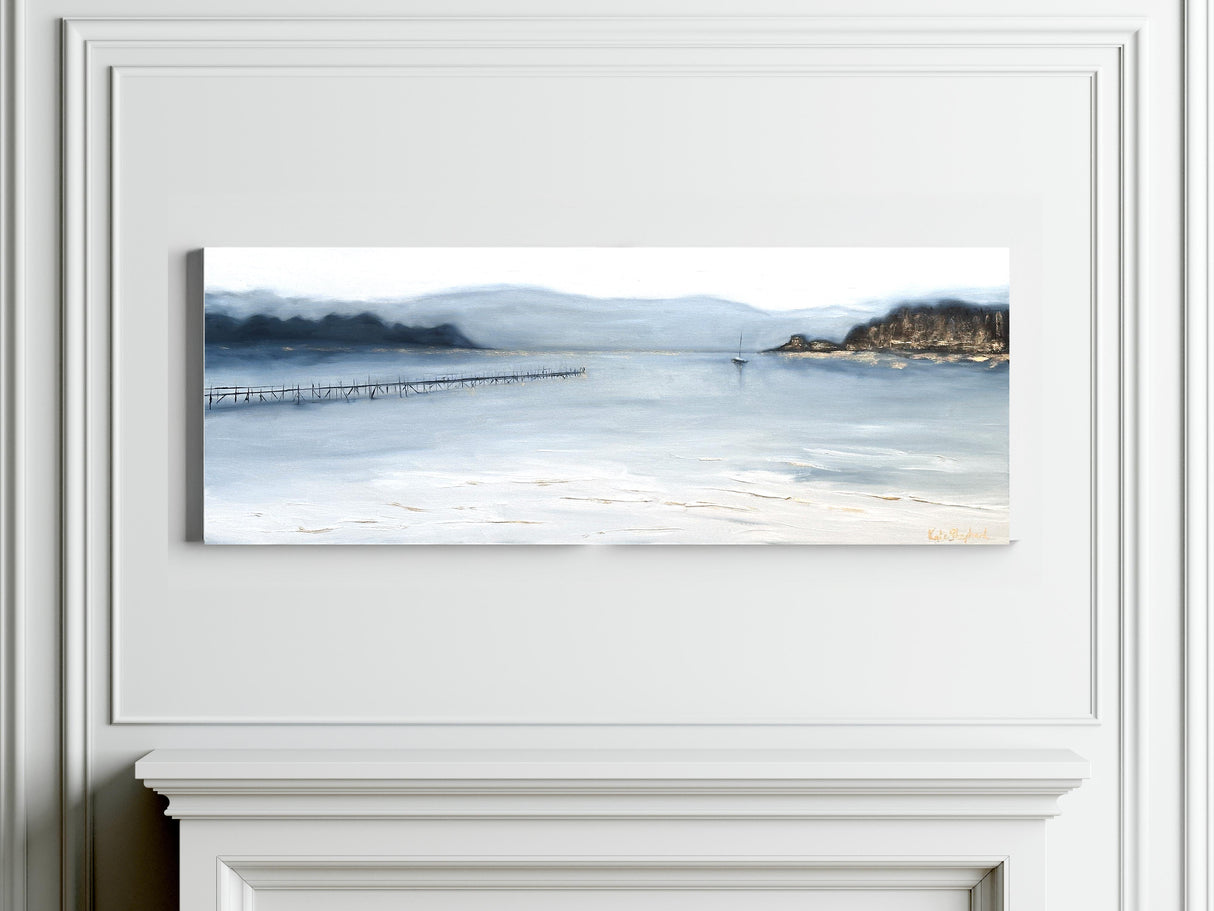 Contemporary coastal scene in indigo and brown with elegant gold details on canvas.