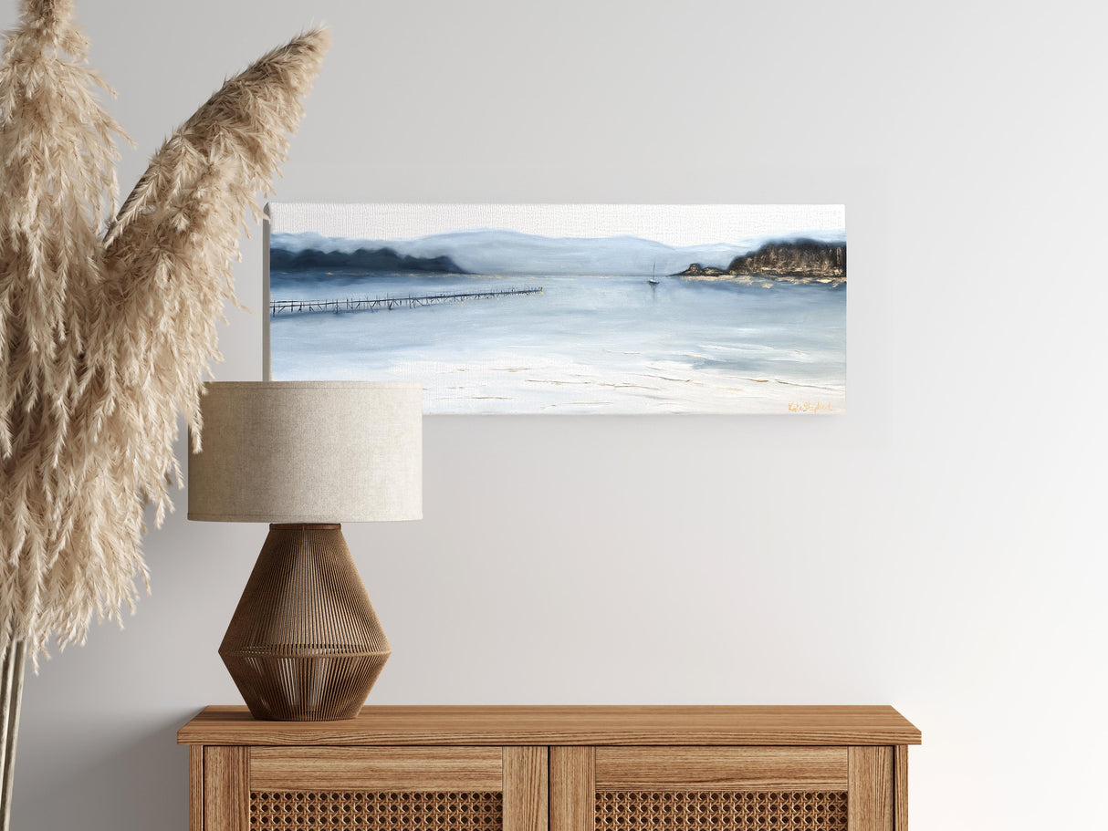 Long-format canvas oil painting of Dorset coast with rich texture and golden tones.