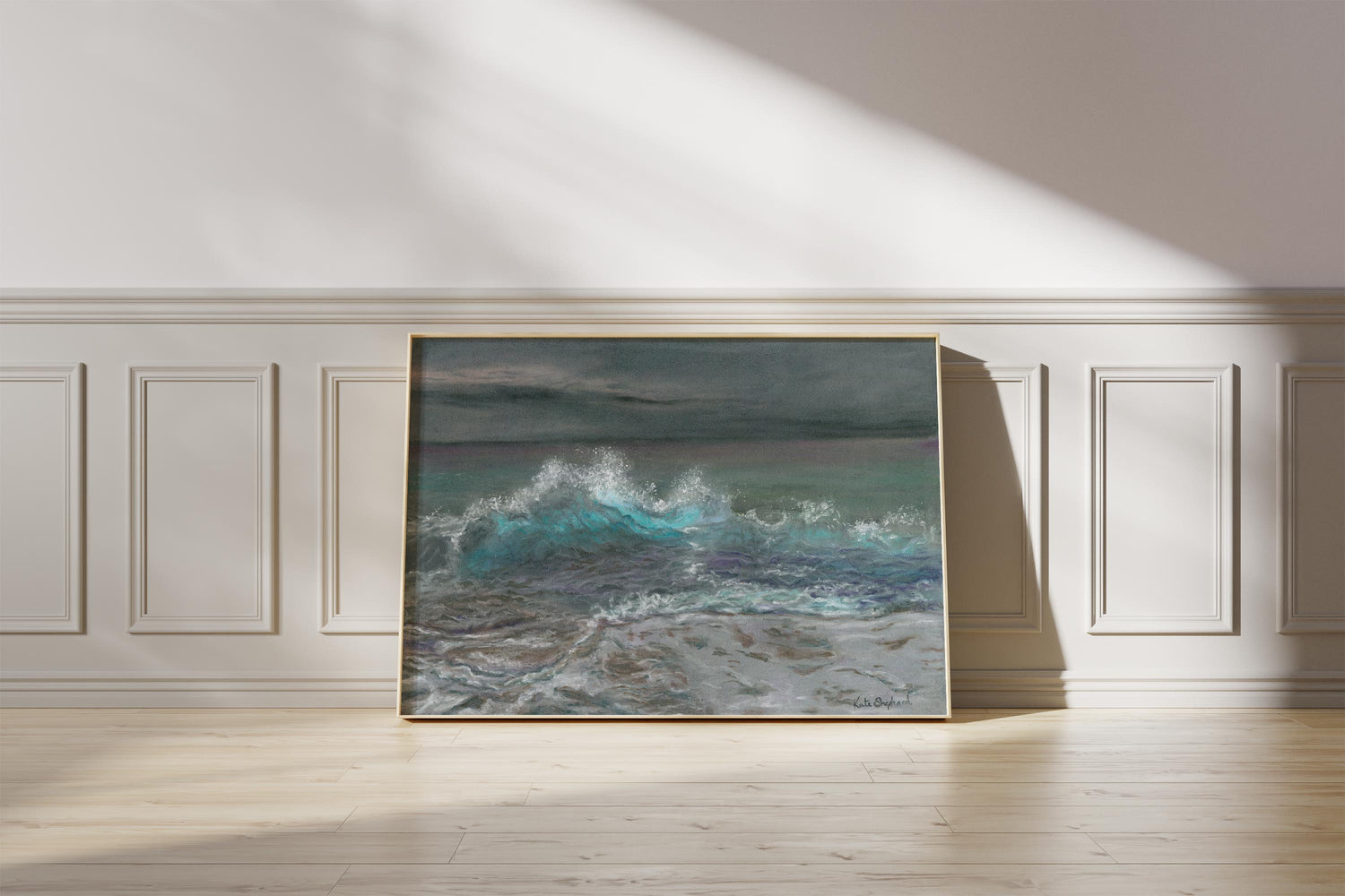 Handmade pastel-inspired wave print for ocean lovers.