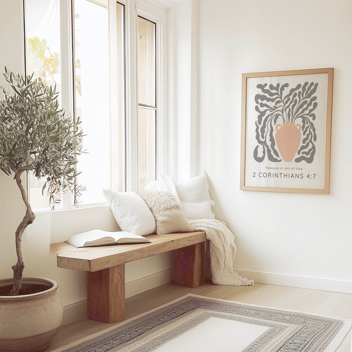 Treasure In Jars Of Clay Bible verse print with elegant peach pot and soft botanical leaves. 2 Corinthians 4:7 scripture wall art with pastel botanical design, perfect Christian home decor.