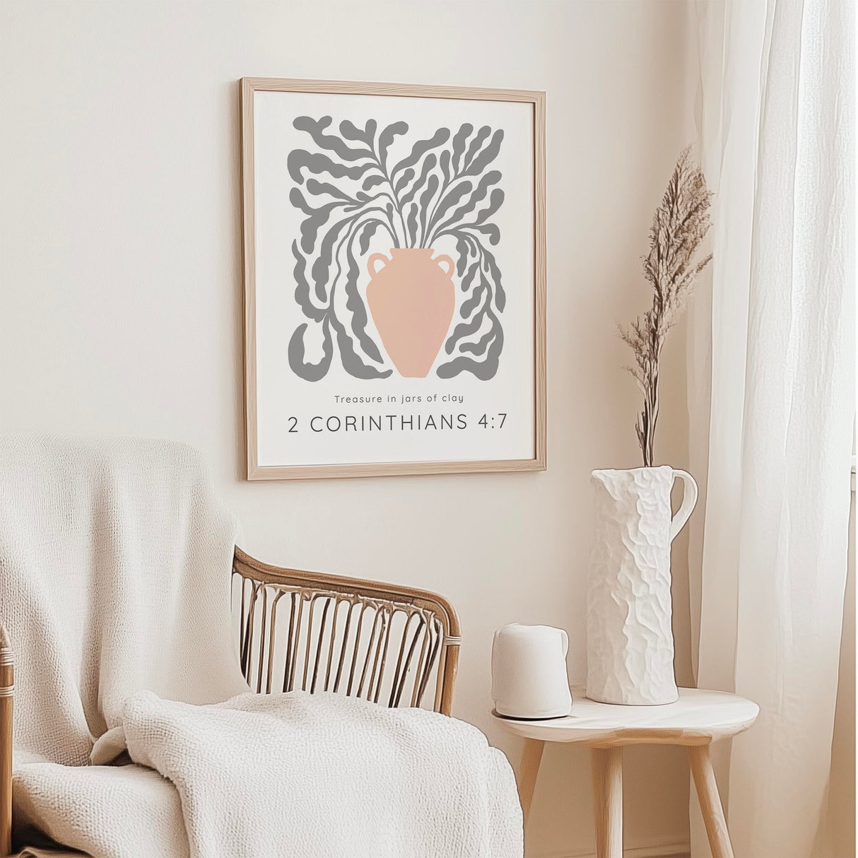 Inspirational Christian wall art with peach pot, botanical vine, and scripture from 2 Corinthians 4:7.